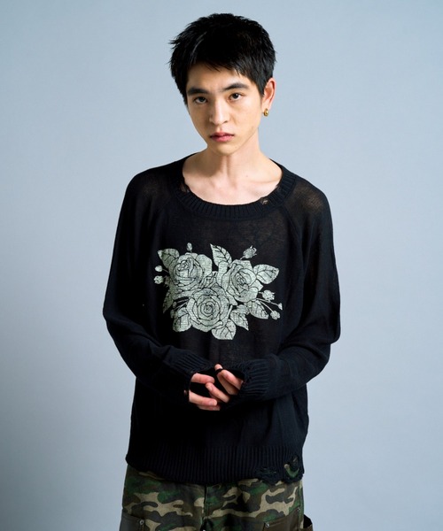 Camphor wood /フラワープリントシアーロングスリーブニット Camphor wood セーター ニット flower paint broken long sleeve