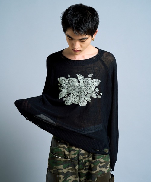flower paint broken long sleeve sheer sweater / フラワー
