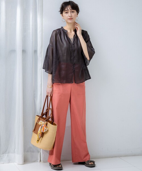 23区 ブラウス シャツ 「洗える」ソフトシアーフィルム ギャザー