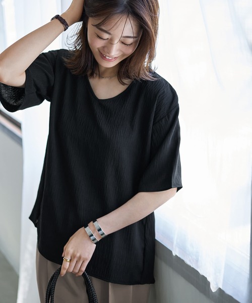 ブラウス シャツ 微シアー楊柳VネックTシャツ型ブラウス レディース