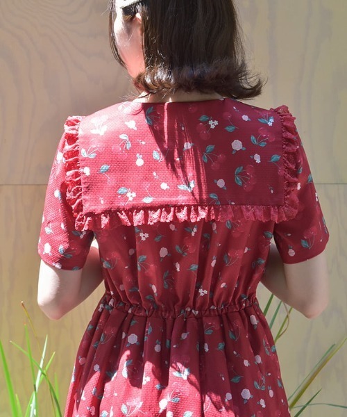 【希少】axes femme 赤 ピンク 花柄 総レース ミニワンピ 半袖 axes femme ワンピース チェリーローズ柄セーラーワンピース