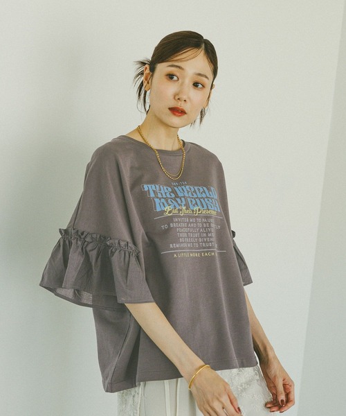 FRAMeWORK レディースシャツ GLOBAL WORK tシャツ リメイク風フリルプリント7分袖/589278