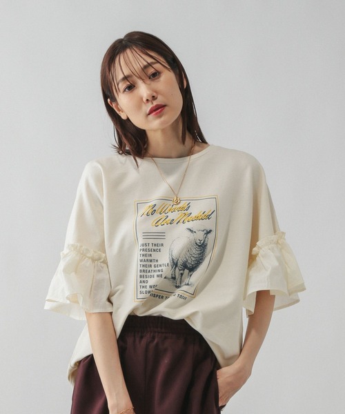 js luxe☆リメイクプリントTシャツHELLO セール】フォトプリントカラーロゴオーバーTシャツ（Tシャツ