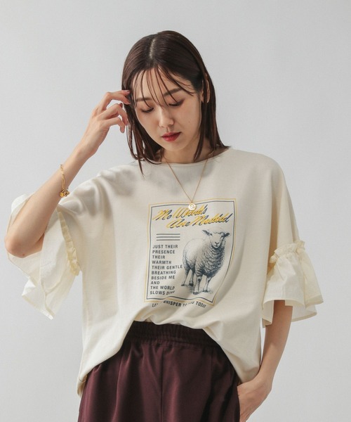 FRAMeWORK レディースシャツ GLOBAL WORK tシャツ リメイク風フリルプリント7分袖/589278