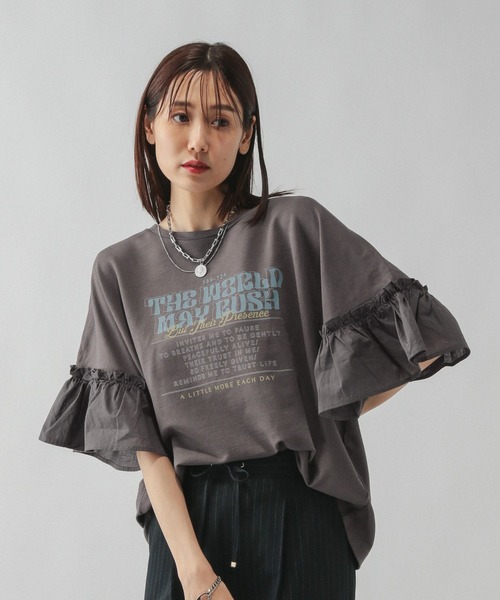 GLOBAL WORK tシャツ リメイク風フリルプリント7分袖/589278