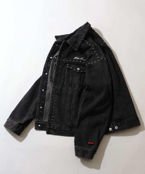 スタッズ付きブラックデニムジャケット 44 FUBU（フブ） デニムジャケット gジャン Studs Denim Jacket