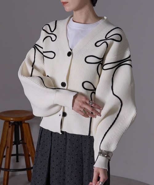 極美品♡ルネ♡リボンカーディガン each alchemist カーディガン ラインリボン刺繍Vネックカーディガン