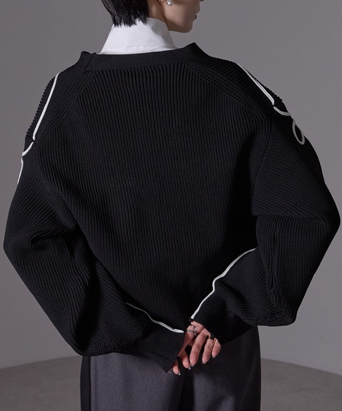 each alchemist カーディガン ラインリボン刺繍Vネックカーディガン