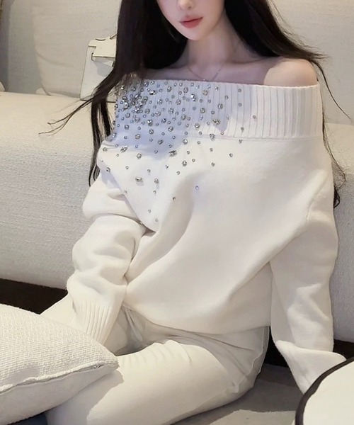 Sibra(シブラ) ニット セーター ビジューオフショルダーニットロング Sibra(シブラ) ニット セーター ビジューオフショルダーニットロング