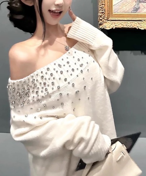 Sibra（シブラ） ニット セーター ビジューオフショルダーニットロング 