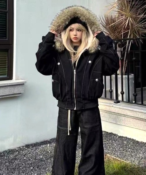 CANVAS+ ブルゾン アウター 「CANVAS＋」フェイクファー付き裏ボア