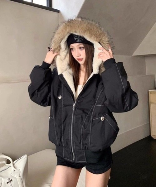 CANVAS+ ブルゾン アウター 「CANVAS＋」フェイクファー付き裏ボア