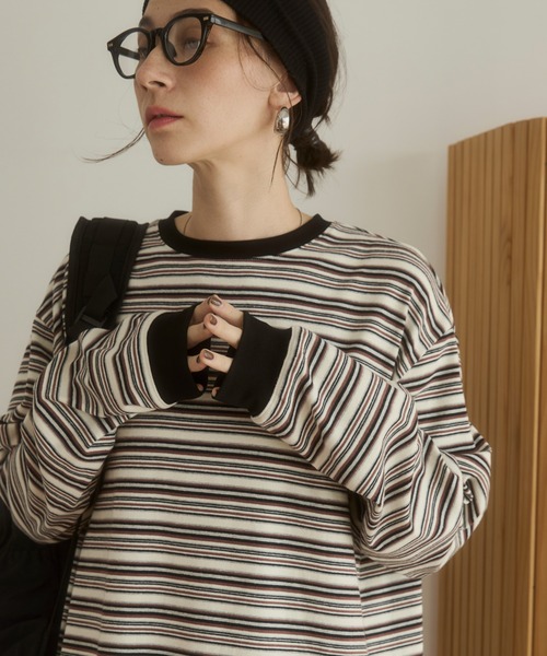 ANGIE tシャツ マルチボーダー オーバーサイズ ロンT レディース