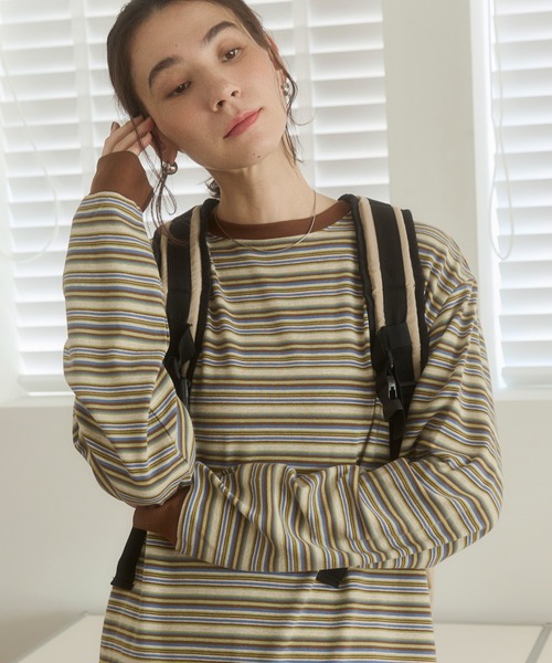 ANGIE tシャツ マルチボーダー オーバーサイズ ロンT レディース