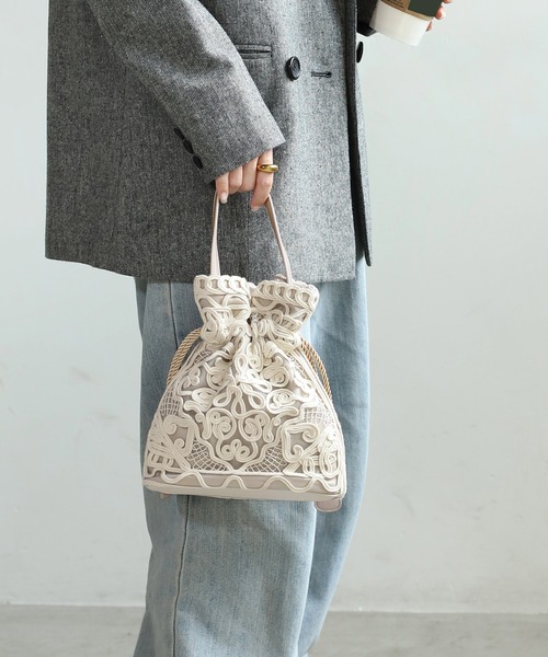 手刺繍 巾着ミニバッグ 2way ANEMONE（アネモネ） ショルダーバッグ バッグ 刺しゅう巾着2WAYバッグ