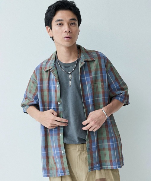 Johnbull（ジョンブル） シャツ 半袖 チェックオープンカラーショート
