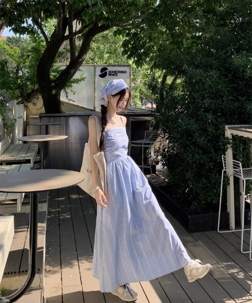 ワンピース スカーフ付き ロング丈 チェック柄 ワンピース : ZOZOTOWN