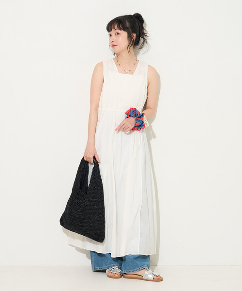 ワンピース インドボイル カシュクール 同色刺繍 ノースリワンピースの画像