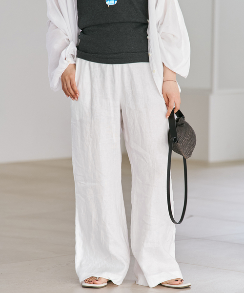ワイドパンツ パンツ Linen easy パンツ レディースの画像