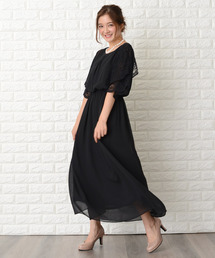 リボン付きレース袖ひざ丈ワンピース 5L Lace Ladies ウエストリボン付き 七分袖 袖あり シフォンドレス