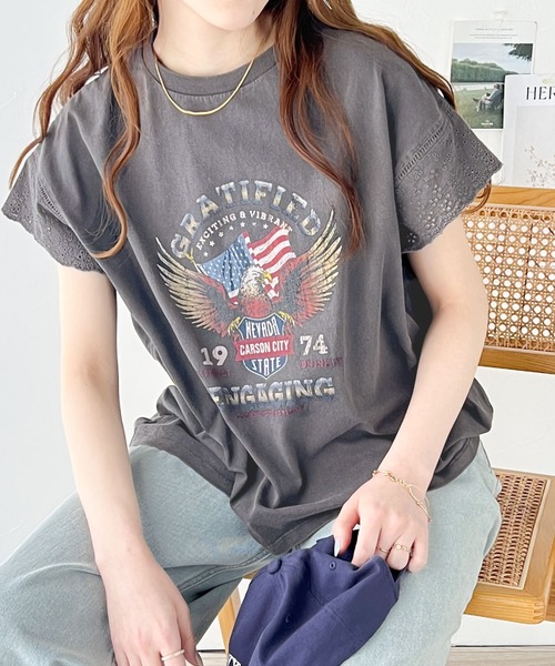 《Javaジャバコラボ》ヴィンテージライクなデザイン。綿100％袖レースピグメントロックTシャツ jv1050164 main image 0