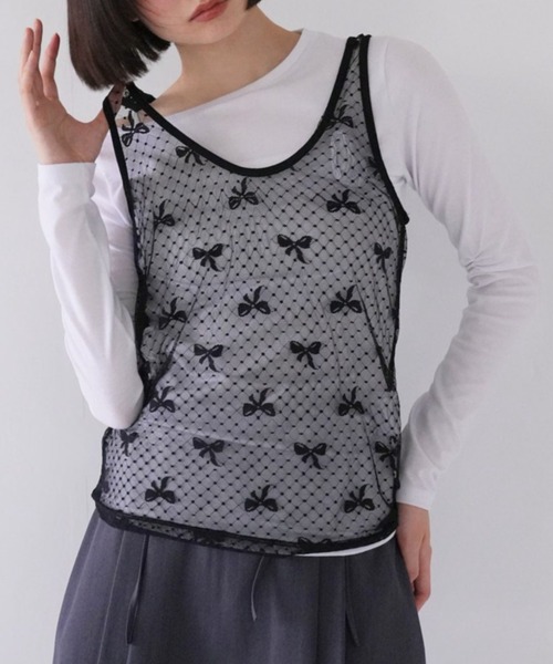 タンクトップ ノースリーブ sheer ribbon tanktop レディース