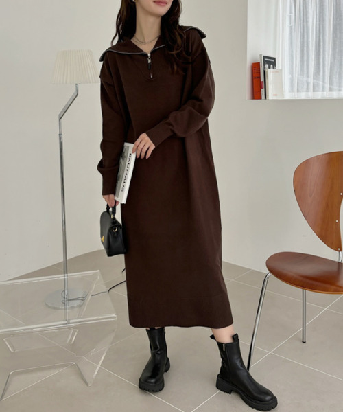 Ada. ワンピース ハーフジップ ニット ロング ワンピース : ZOZOTOWN