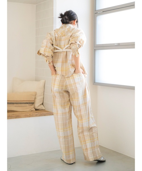 ungrid 2点セット アンゴラ混ニット  チェックワイドパンツ Ungrid（アングリッド） パンツ リネン混チェック柄パンツ レディース