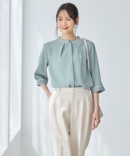 ブラウス シャツ 配色 バンドカラー ブラウス レディース Honeys ブラウス シャツ 6分袖配色バンドカラーブラウス