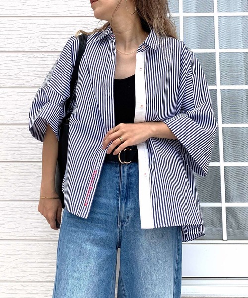 ブラウス シャツ フロント刺繍バイカラーシャツ レディース
