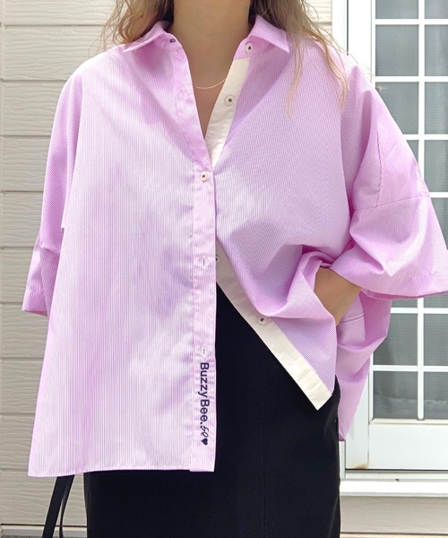 ブラウス シャツ フロント刺繍バイカラーシャツ レディース Q ブラウス シャツ フロント刺繍バイカラーシャツ レディース