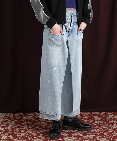 美品 AULA AILA 3WAY レイヤードデニムパンツ チュール シアー AULA AILA ジーンズ デニム デニムパンツ レイヤードデニム