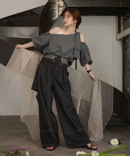 mideal バルーンワンショルダートップス チャコールグレー mideal ブラウス シャツ balloon one shoulder tops / バルーン