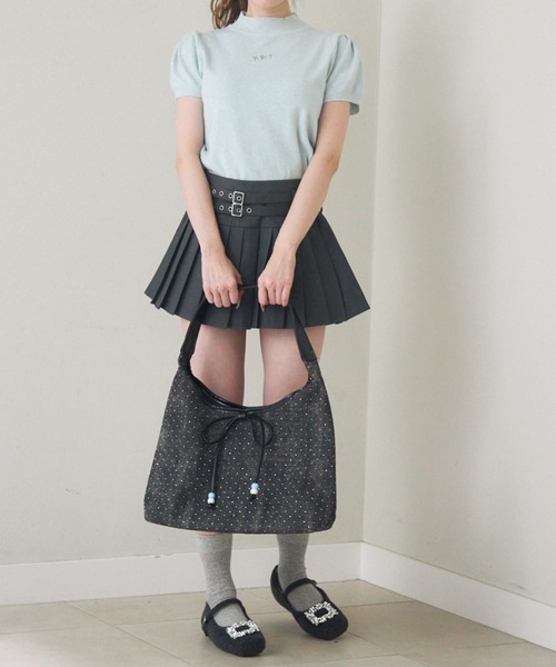 ダークブルーWデニム♡刺繍のリボンバッグ♡ストーン付き TITTY＆CO. トートバッグ ラインストーン付きデニムリボンバッグ