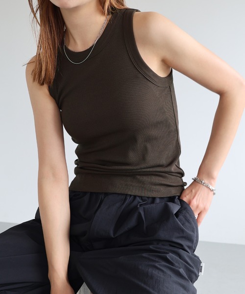 ANME タンクトップ ノースリーブ テレコリブカップ付きアメスリタンク