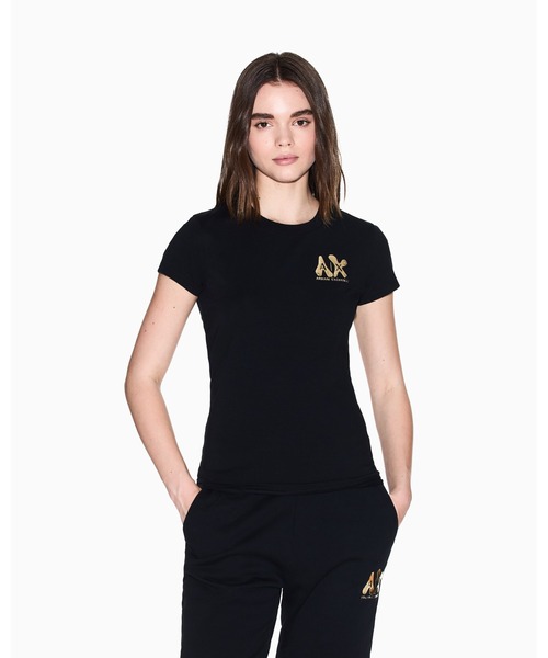 tシャツ 「A|X アルマーニ エクスチェンジ」ゴールドロゴ 半袖クルーネックTシャツ/SLIM レディース