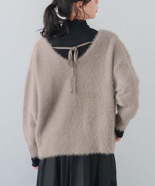 美品✨アドーア バックリボン シャギーニット ふわふわ ベージュ 5分袖 itto ニット セーター バックリボンふわふわシャギーニット