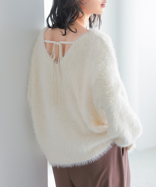 美品✨アドーア バックリボン シャギーニット ふわふわ ベージュ 5分袖 itto ニット セーター バックリボンふわふわシャギーニット