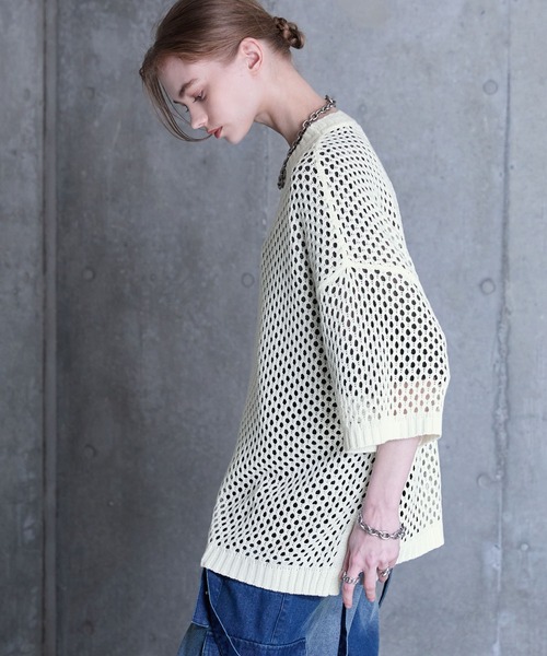 「SERACE」 半袖ニット L ブラック×ホワイト メンズ_画像5