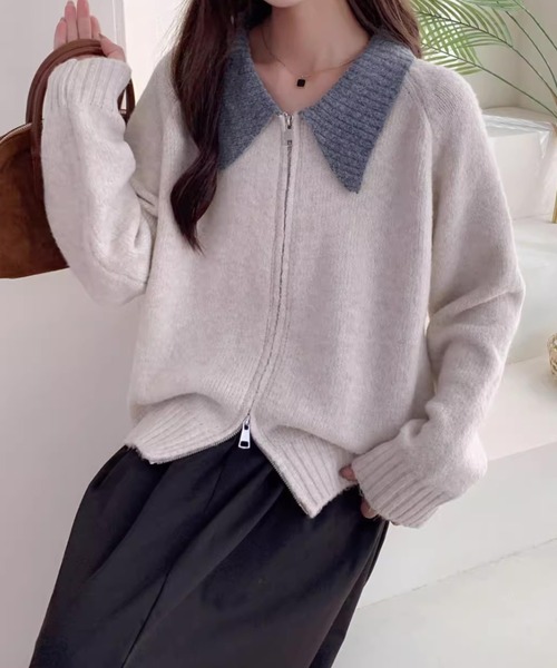 カーディガン 「25年秋冬新規」ダブルジップバイカラーニット