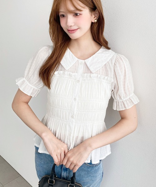 イッセイミヤケ FETE シアー　薄手シャーリングブラウス　カーデガン2黒×白 moment+ ブラウス シャツ 半袖 シアースモッキングライク半袖