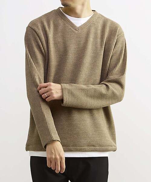 【ライトグレー】【MASTER FRAME/マスターフレーム】裏起毛ワッフルフェイクレイヤード 長袖VネックTシャツ MEN'S MELROSE｜【MASTER FRAME/マスターフレーム】裏起毛ワッフル