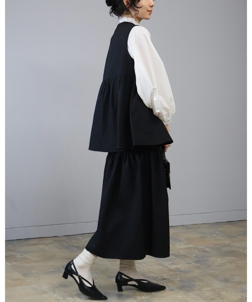 Doumoi ベスト ジレ ドット柄 ペプラム パールボタン 前開き ベスト