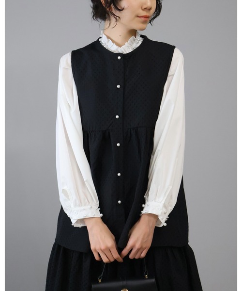 Doumoi ベスト ジレ ドット柄 ペプラム パールボタン 前開き ベスト