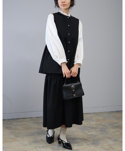Doumoi ベスト ジレ ドット柄 ペプラム パールボタン 前開き ベスト