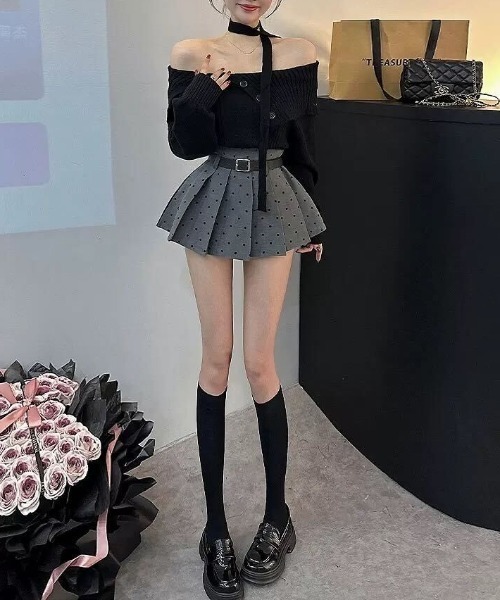Mejoul スカート 「2026春夏新作」「ベルト・インパン付」ドット柄
