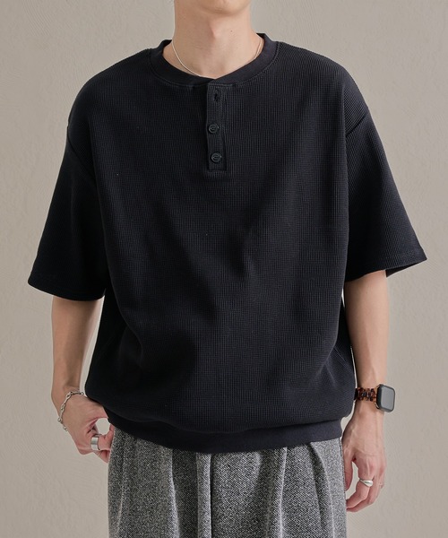 kinema ワッフルヘンリーネックシャツ　Mサイズ　ブラック epnok tシャツ ワッフルヘンリーネック半袖Tee メンズ レディース