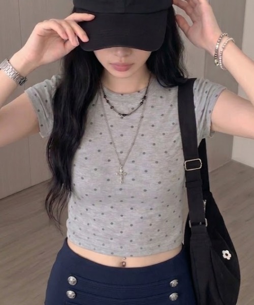 tシャツ 半袖 「お気に入り数4500人突破！」ドット柄タイト半袖Tシャツ