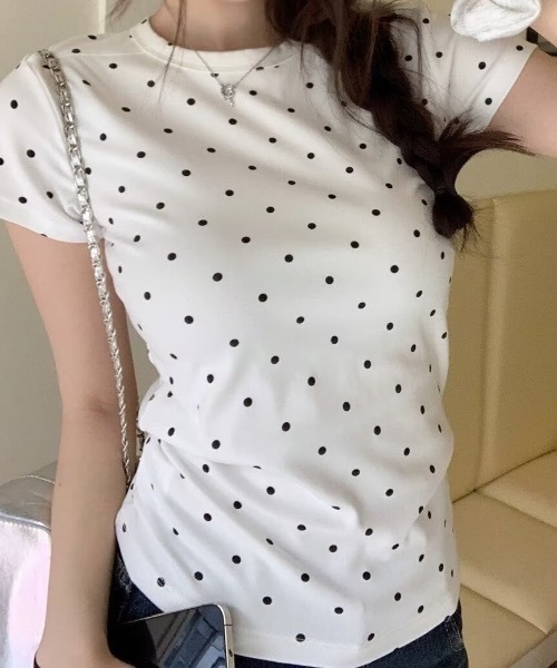  ドット柄 半袖Tシャツ ホワイト XL tシャツ 半袖 「お気に入り数5100人突破！」ドット柄タイト半袖Tシャツ
