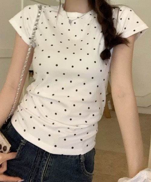  ドット柄 スリムフィット Tシャツ Lサイズ 半袖 レディース tシャツ 半袖 「お気に入り数4200人突破！」ドット柄タイト半袖Tシャツ